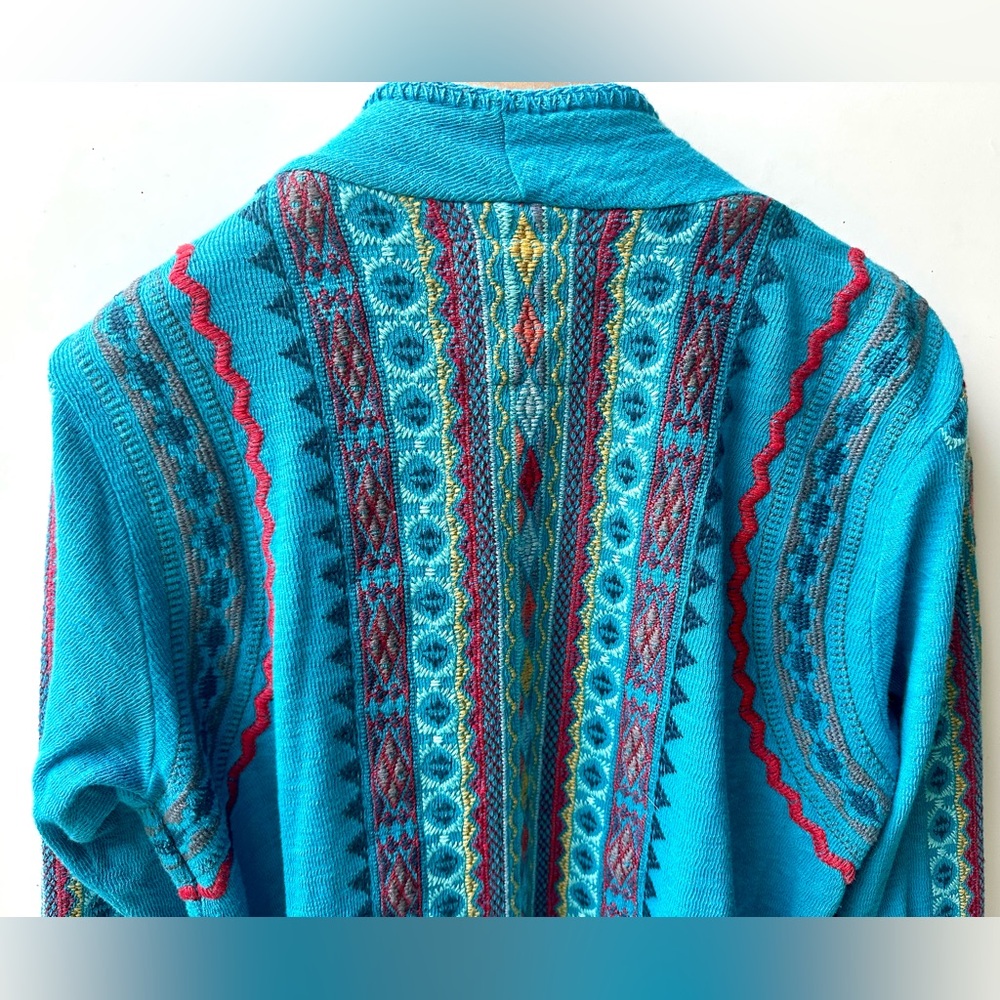Johnny Was BIYA Embroidered Turquoise Open Front Cardigan Jacket Pockets Belt M - Picture 6 of 9